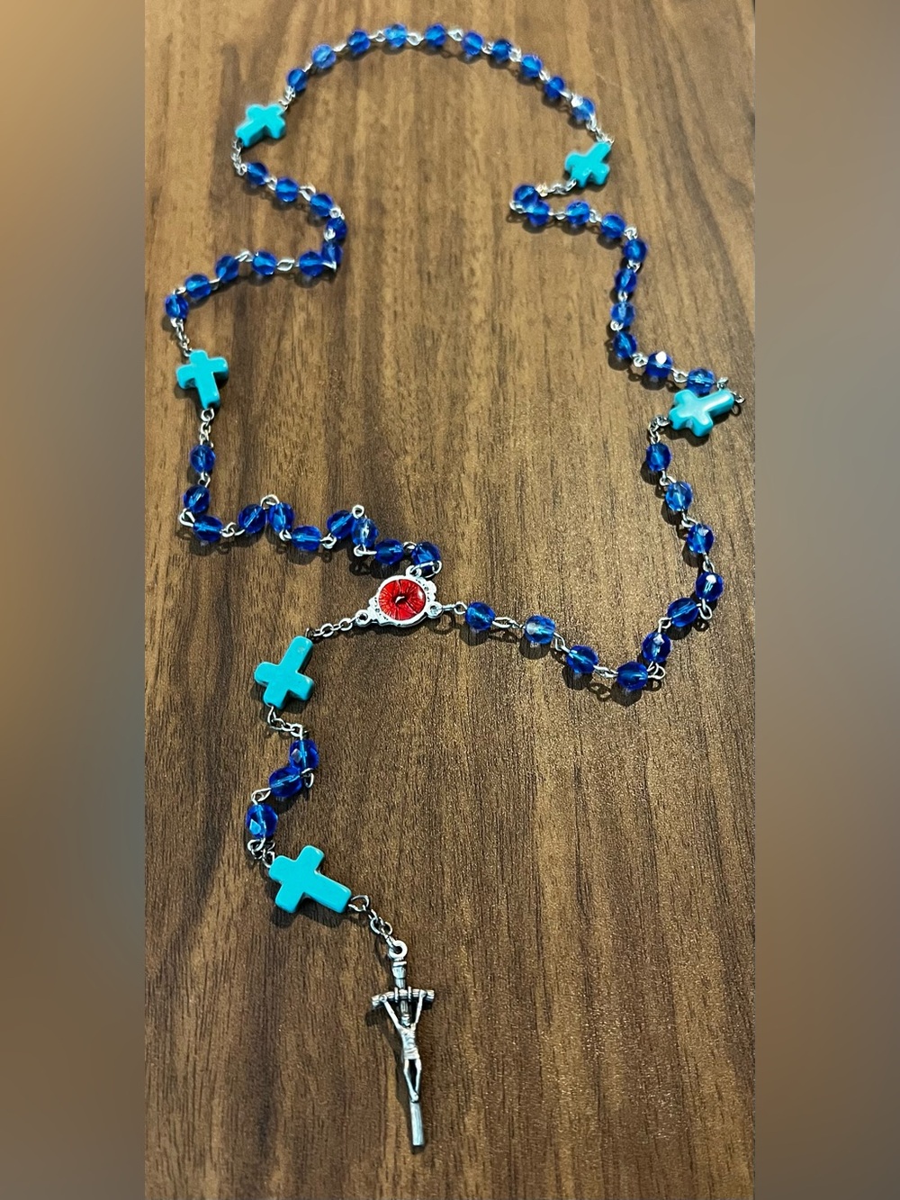 VTG Catholic Rosary Marked Italy Cobalt Blue Beads & Turquoise Cross Beads